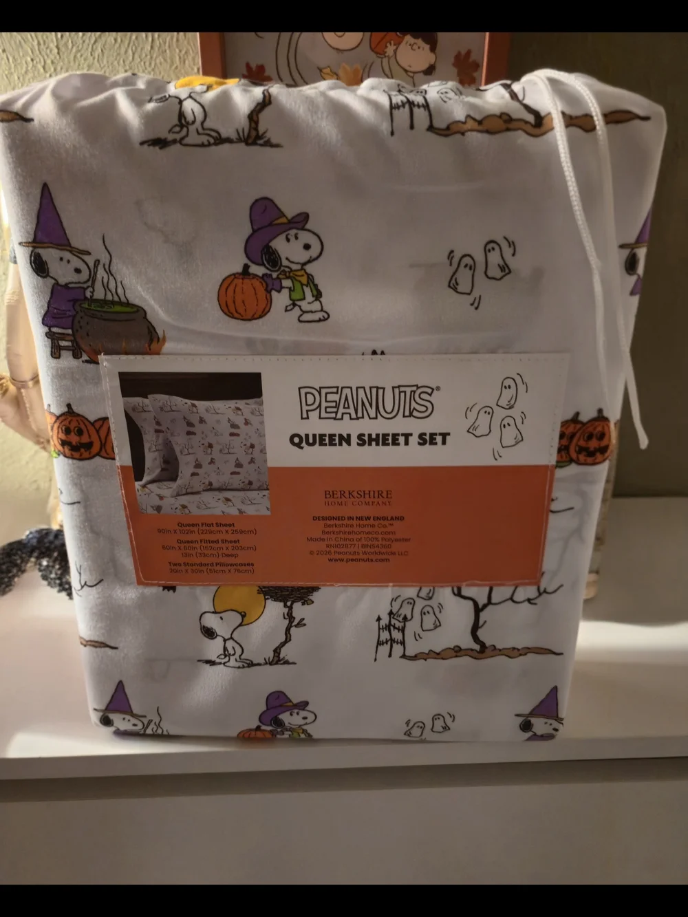 Peanuts Berkshire Snoopy Halloween QUEEN SIZE Sheet Set Witch Pumpkin Mummy NEW